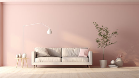 Scandinavian organize inside parts parts with revere organize and coffe table. Cleanse divider exasperated in engage insides parts with pastel colors. Creative resource, AI Generatedの素材