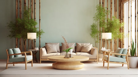 Zen inner parts parts parts with pruned bamboo plant, common insides parts organize concept, colored advanced living room, pastel colors, regard organize. Creative resource, AI Generatedの素材