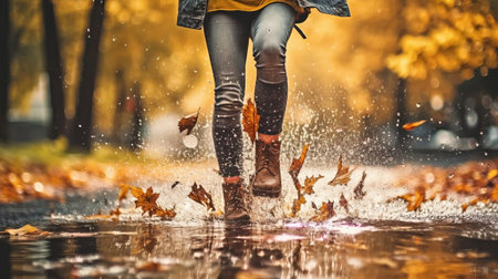 Woman wearing rain versatile boots walking running and bouncing into puddle with water sprinkle and drops in store time rain. Creative resource, AI Generatedの素材