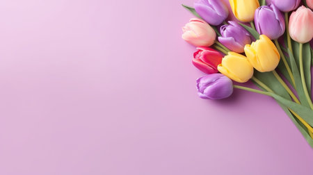 Mother's Day climate thought. Best see composition of bouquets of pink yellow tulips grows and colorful hearts doodads. Creative resource, AI Generatedの素材