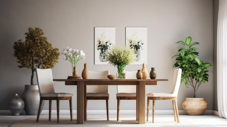 private internal parts eating room with wood chair and wood table,vase with flowers,plant. Creative resource, AI Generatedの素材