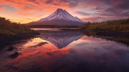 Disorienting nightfall, mountain and lake. Creative resource, AI Generatedの素材