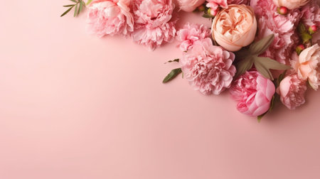Peonies, roses on pink foundation with duplicate space. Curiously characteristic make chart organize with substance space. Creative resource, AI Generatedの素材