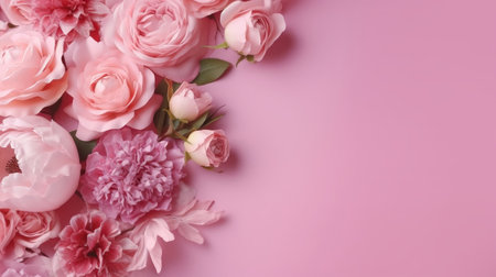 Peonies, roses on pink establishment with copy space. Inquisitively characteristic make chart organize with substance space. Creative resource, AI Generatedの素材