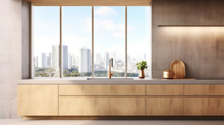 Advanced wood and concrete kitchen interior parts parts with cleanse chafed put on divider, island, machines and window with city see and sunshine. Creative resource, AI Generatedの素材