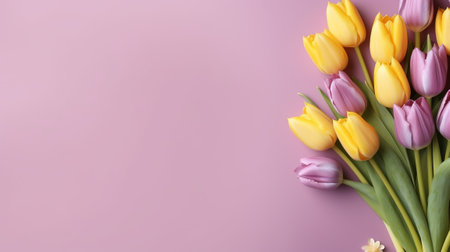 Mother's Day climate thought. Best see composition of bouquets of pink yellow tulips develops and colorful hearts doodads. Creative resource, AI Generatedの素材