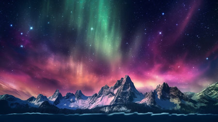 Bothered Mountains with Aurora Borealis. Fuchsia Sky Foundation with copyspace. Creative resource, AI Generatedの素材