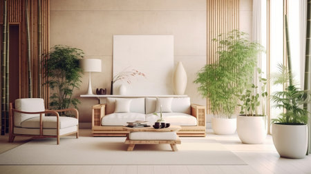 Zen insides parts parts parts with pruned bamboo plant, common inner parts parts parts organize concept, colored progressed living room, pastel colors, respect organize. AI Generatedの素材