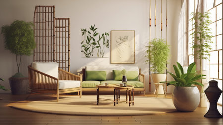 Zen insides parts parts parts with pruned bamboo plant, common inner parts parts parts organize concept, colored progressed living room, pastel colors, respect organize. AI Generatedの素材