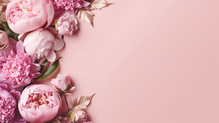 Peonies, roses on pink foundation with duplicate space. Curiously characteristic make chart organize with substance space. Creative resource, AI Generatedの素材