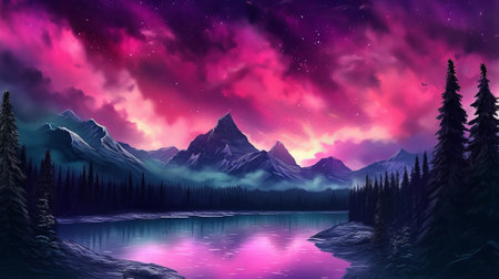Bothered Mountains with Aurora Borealis. Fuchsia Sky Establishment with copyspace. Creative resource, AI Generatedの素材