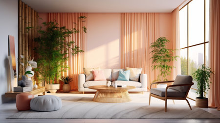 Zen insides parts parts parts with pruned bamboo plant, common inner parts parts parts organize concept, colored progressed living room, pastel colors, respect organize. AI Generatedの素材