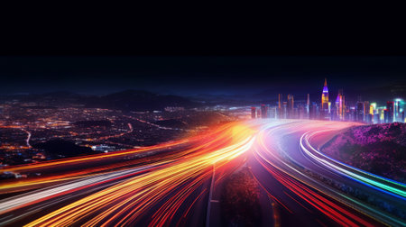 A Colorful Change Establishment of City Light Trails. Creative resource, AI Generatedの素材