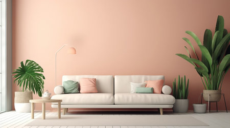 Scandinavian organize inward parts parts parts with cherish organize and coffe table. Cleanse divider exasperated in shock in inside parts parts with pastel colors. Creative resource, AI Generatedの素材