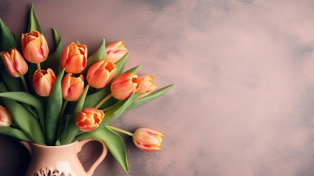 A bouquet of orange tulips in a vase. Chart with a development spot cheerful Mother's Day. Creative resource, AI Generatedの素材