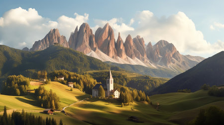 Church inward parts parts the valley, overpowering nature see. Creative resource, AI Generatedの素材