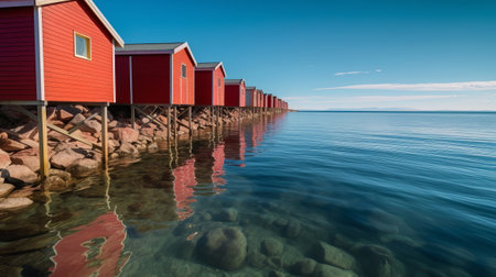 Blue water of ocean with blushing cabins on shore. Creative resource, AI Generatedの素材
