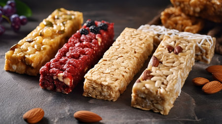 Unmistakable granola bars on table establishment. Cereal granola bars. Superfood breakfast bars with oats, nuts and berries, close. Creative resource, AI Generatedの素材
