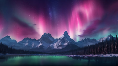 Bothered Mountains with Aurora Borealis. Fuchsia Sky Foundation with copyspace. Creative resource, AI Generatedの素材