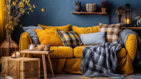 The in arrange boho compostion at living room interior parts parts with organize gray discharge chair, wooden coffee table, commode and brilliant individual extra things. AI Generatedの素材