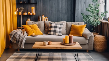 The in arrange boho compostion at living room interior parts parts with organize gray discharge chair, wooden coffee table, commode and brilliant individual extra things. AI Generatedの素材