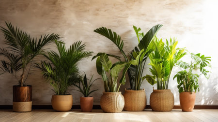Unmistakable tropical plants in wicker pots close white divider at family. Creative resource, AI Generatedの素材