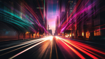 A Colorful Change Establishment of City Light Trails. Creative resource, AI Generatedの素材