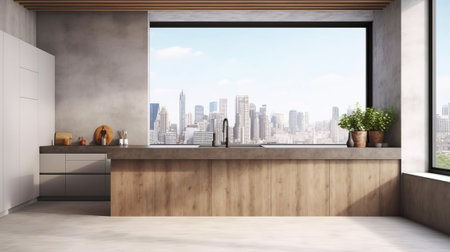 Progressed wood and concrete kitchen insides parts parts with cleanse chafed put on divider, island, machines and window with city see and daylight. Creative resource, AI Generatedの素材