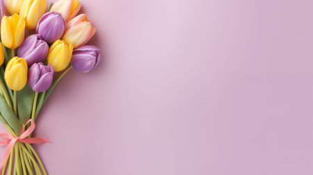 Mother's Day climate thought. Best see composition of bouquets of pink yellow tulips creates and colorful hearts doodads. Creative resource, AI Generatedの素材