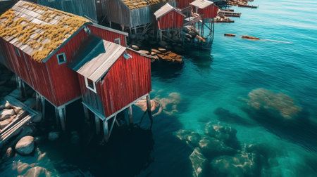 Blue water of sea with becoming flushed cabins on shore. Creative resource, AI Generatedの素材