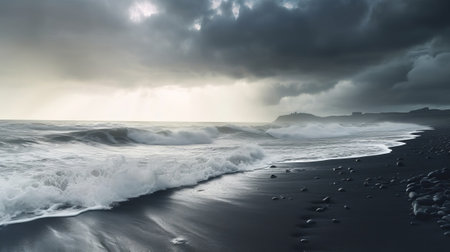 See of dim sand shoreline, ocean waves. Creative resource, AI Generatedの素材