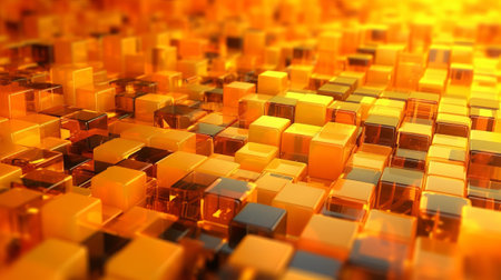 Orange and Yellow, Bursting 3d shapes Completely Organized to create a Cutting edge Tech See. Creative resource, AI Generatedの素材