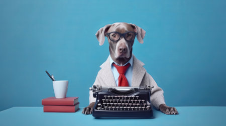 Representation of locks in puppy Weimaraner dressed as businessman with eyeglasses posturing close typewriter over blue studio foundation. Creative resource, AI Generatedの素材