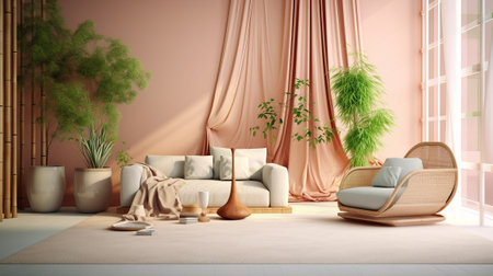 Zen insides parts parts parts with pruned bamboo plant, common inner parts parts parts organize concept, colored progressed living room, pastel colors, respect organize. AI Generatedの素材