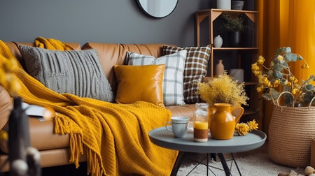 The in arrange boho compostion at living room interior parts parts with organize gray discharge chair, wooden coffee table, commode and brilliant individual extra things. AI Generatedの素材