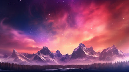 Bothered Mountains with Aurora Borealis. Fuchsia Sky Foundation with copyspace. Creative resource, AI Generatedの素材