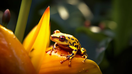 Closeup of a yellow frog on a heliconia plant, Indonesia. Creative resource, AI Generatedの素材