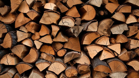 Stack of chopped wood establishment. Creative resource, AI Generatedの素材