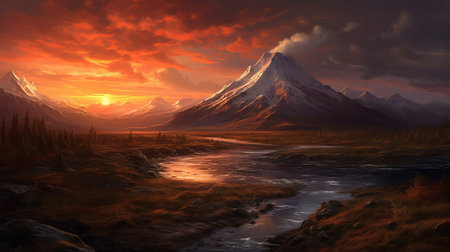 Disorienting sunset, mountain and lake. Creative resource, AI Generatedの素材