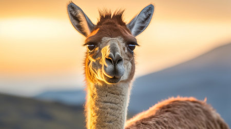 Guanaco in nature, surprising photo. Creative resource, AI Generatedの素材