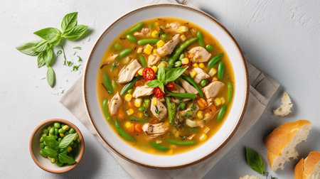 Beat score vegetable soup with chicken filet, sweet corn and green beans. Reassurance food. White table establishment, best see. Creative resource, AI Generatedの素材