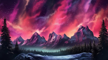 Bothered Mountains with Aurora Borealis. Fuchsia Sky Establishment with copyspace. Creative resource, AI Generatedの素材