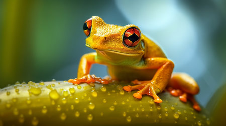 Closeup of a yellow frog on a heliconia plant, Indonesia. Creative resource, AI Generatedの素材