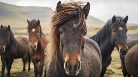 The Icelandic horse may be a breed of horse made in Iceland. Closeup Icelandic steeds. Creative resource, AI Generatedの素材