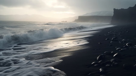 See of dim sand shoreline, sea waves. Creative resource, AI Generatedの素材