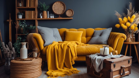 The in arrange boho compostion at living room interior parts parts with organize gray discharge chair, wooden coffee table, commode and brilliant individual extra things. AI Generatedの素材