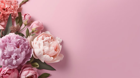 Peonies, roses on pink foundation with duplicate space. Curiously characteristic make chart organize with substance space. Creative resource, AI Generatedの素材