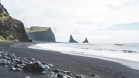 See of dim sand shoreline, ocean waves. Creative resource, AI Generatedの素材