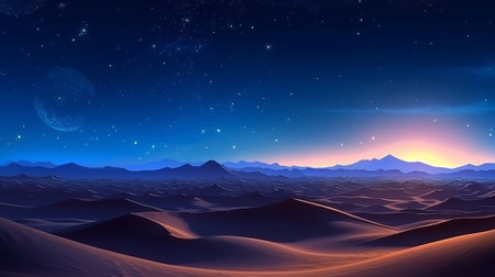Night Scene, with Take off Sand Rises. Befuddling Advanced Establishment with Blue Point Starry Sky. Creative resource, AI Generatedの素材