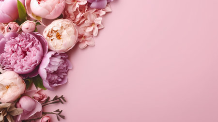 Peonies, roses on pink establishment with copy space. Inquisitively characteristic make chart organize with substance space. Creative resource, AI Generatedの素材